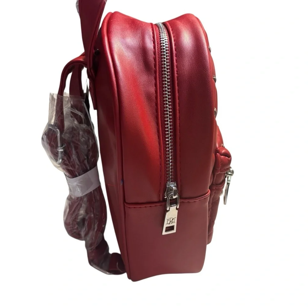 NWT Badgley Mischka Mini Backpack Red Quilted Silver Studded Vegan Leather New